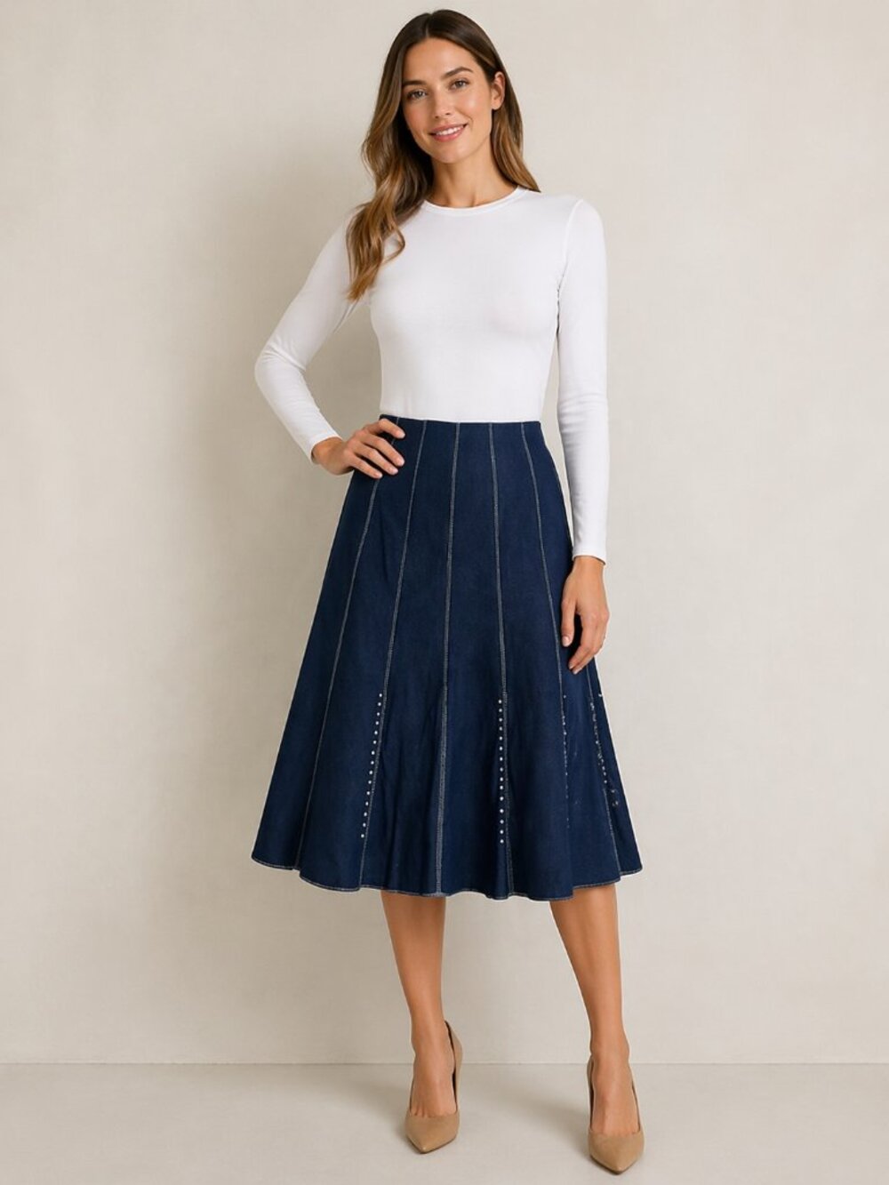 Reba Denim Studded Midi Skirt A-Line Western Boho Blue Cowgirl Skirt Sz 12